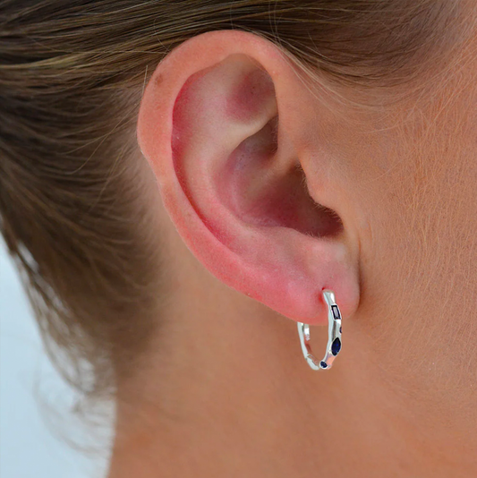 Linda Tahija Relic Gem Hoop Silver Earrings - Created Sapphire