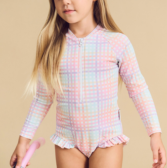 Huxbaby Rainbow Check Frill Zip Swimsuit