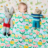 Kip & Co Popping Flowers Green Organic Cotton Quilted Cot Bedspread