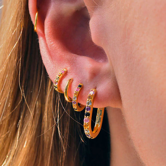 Linda Tahija Mini Alpha Huggie Earrings - Silver/Rainbow Gemstones