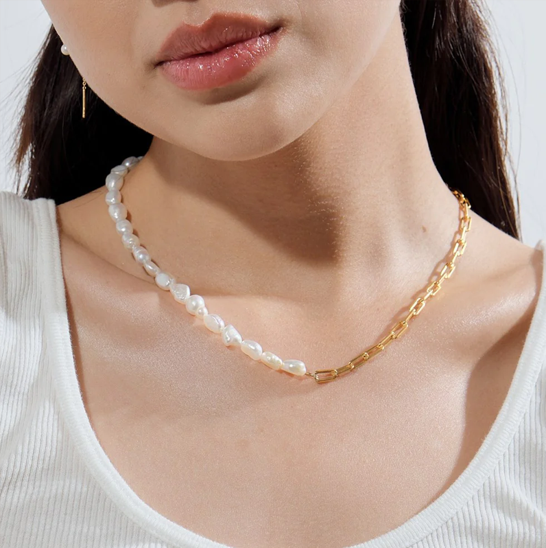 Linda Tahija Paperclip Baroque Pearl Necklace Gold