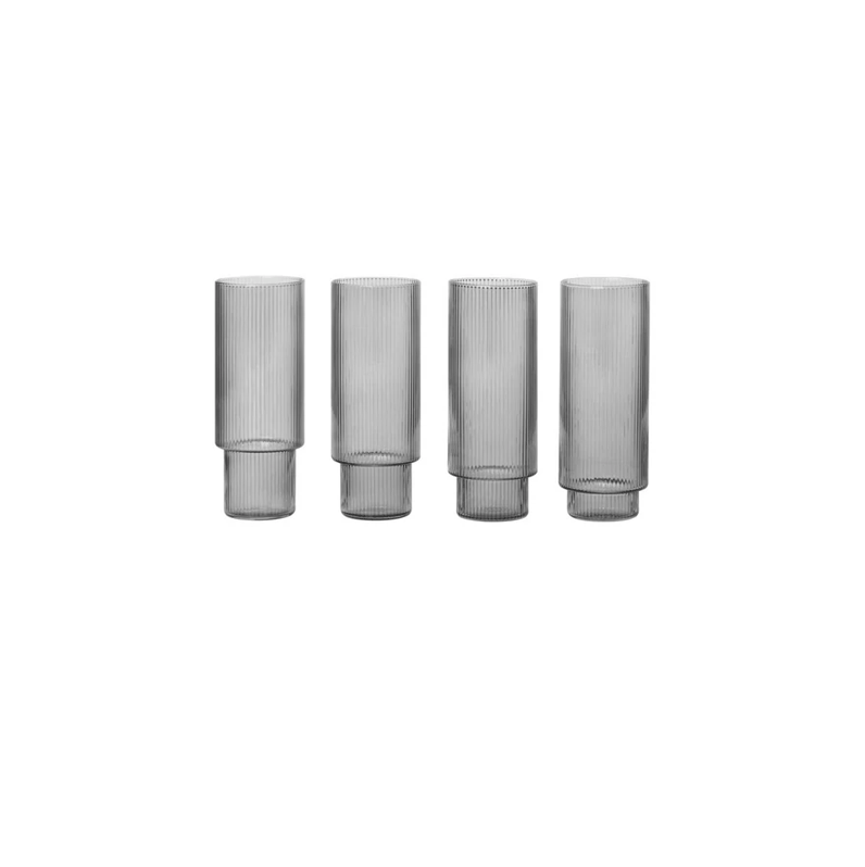 Ferm Living Ripple Long Drink Glass - Set of 4 - Smoked Grey - Mouth-blown glass