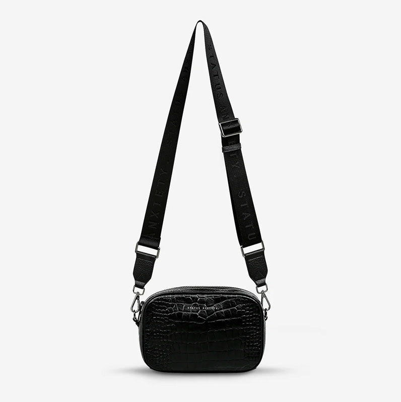 Status Anxiety Plunder Bag Black Croc Emboss with Webbed Strap