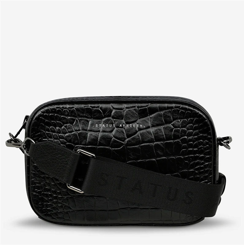 Status Anxiety Plunder Bag Black Croc Emboss with Webbed Strap